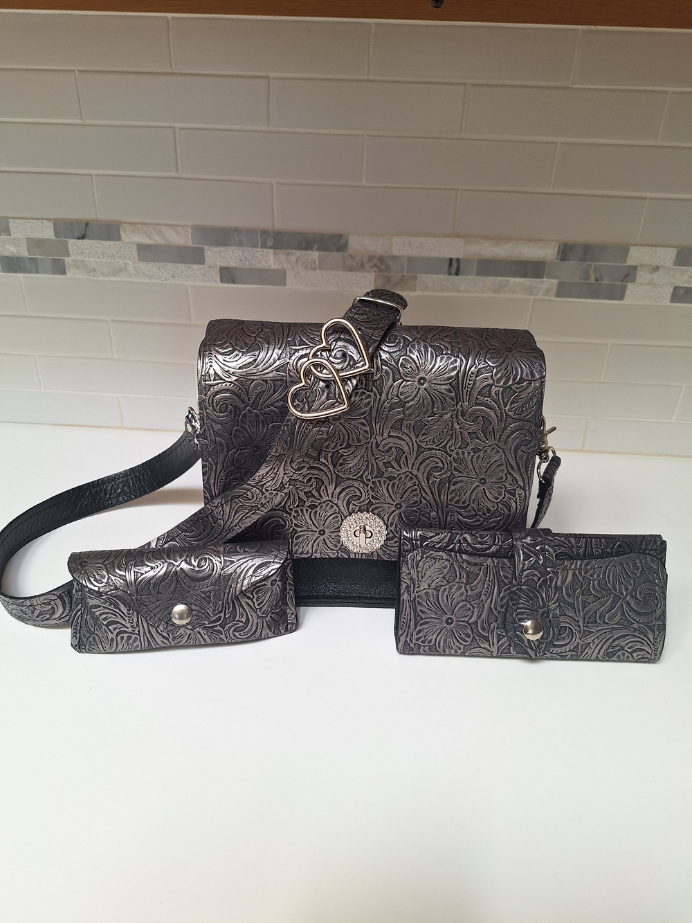Embossed Floral Crossbody Bag with Matching Wallets - Silver